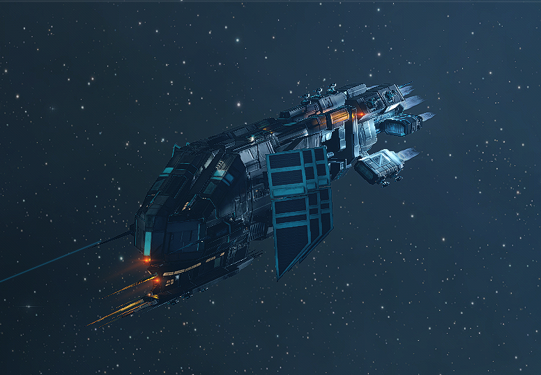 Screenshot of EVE online ship, Thrasher, that is very pointy and jaggedy.