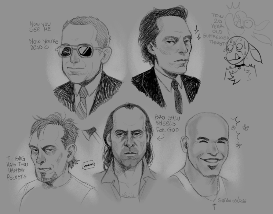 Greyscale headshot doodles of five character's from Prison Break: Paul Kellerman, Alex Mahone, Theodore Bagwell, John Abruzzi and Fernando Sucre.