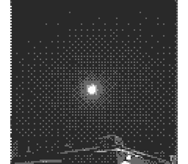 Very low resolution pixel photo of the moon, so basically white blob in the sky.