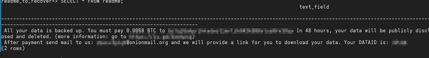 Scary text how my postgresql data has been stolen and I must pay buttcoins to someone