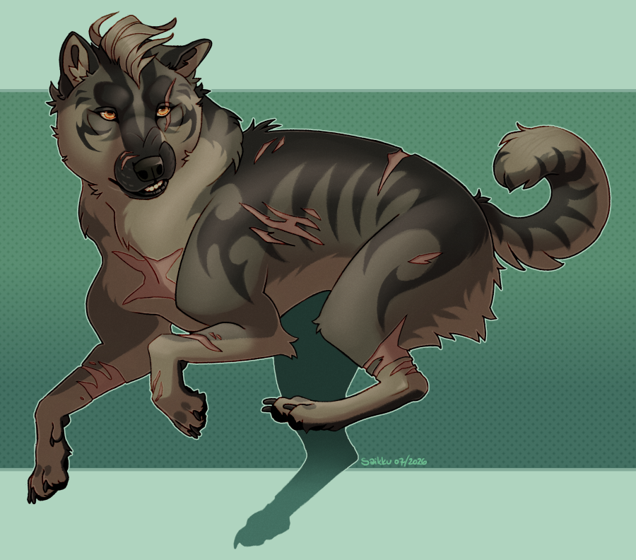 A drawing of a brown dog with stripes and lots of scarring on their body, running left while looking back with a slight scowl on their face.