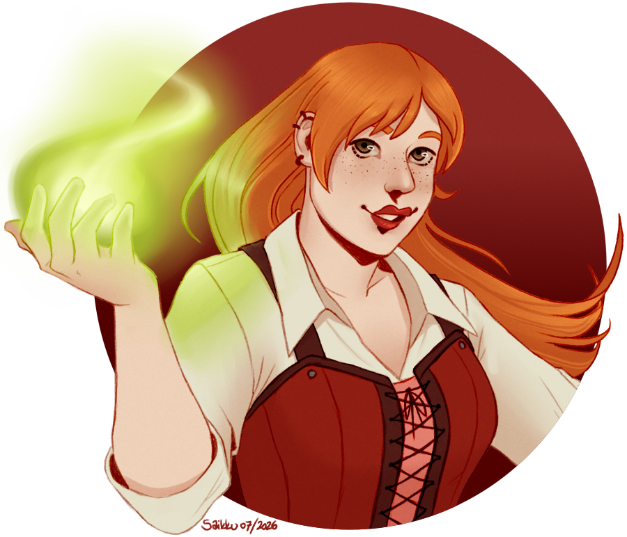 Bust portrait of a woman with long, red hair, a white collared shirt and a red corset top in a 3/4 view. In her right hand is a green flame and she's smiling at the viewer.