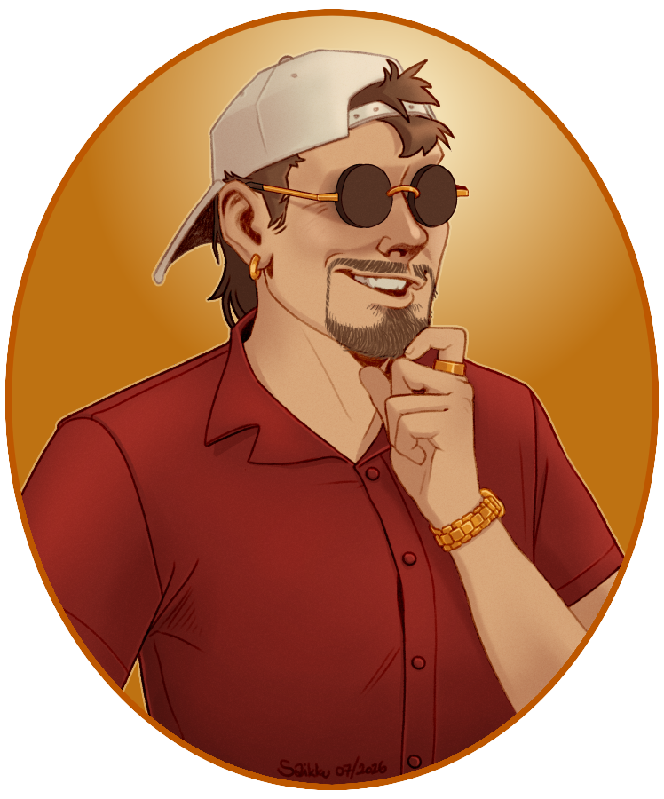 A 3/4 bust portrait of a white man with short, messy, brown hair. He has brown, round sunglasses, a white backwards baseball cap and a red collared shirt and some golden jewellery. He has a crooked smile and he's looking somewhere outside the oval shaped frame with his left hand under his chin as if thinking of something.