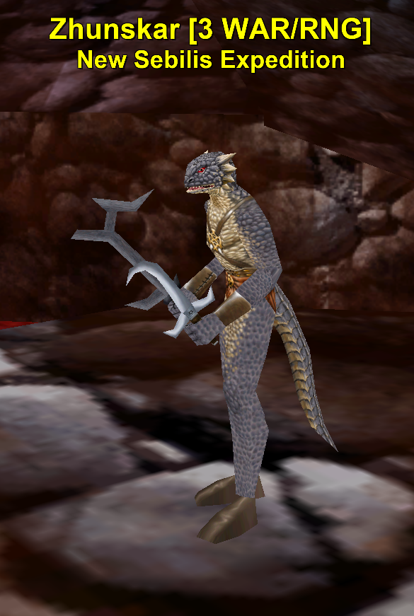 Iksar lizardperson wielding two swords. His only clothes are underwear and shoes. He is level 3 and his name is Zhunskar.