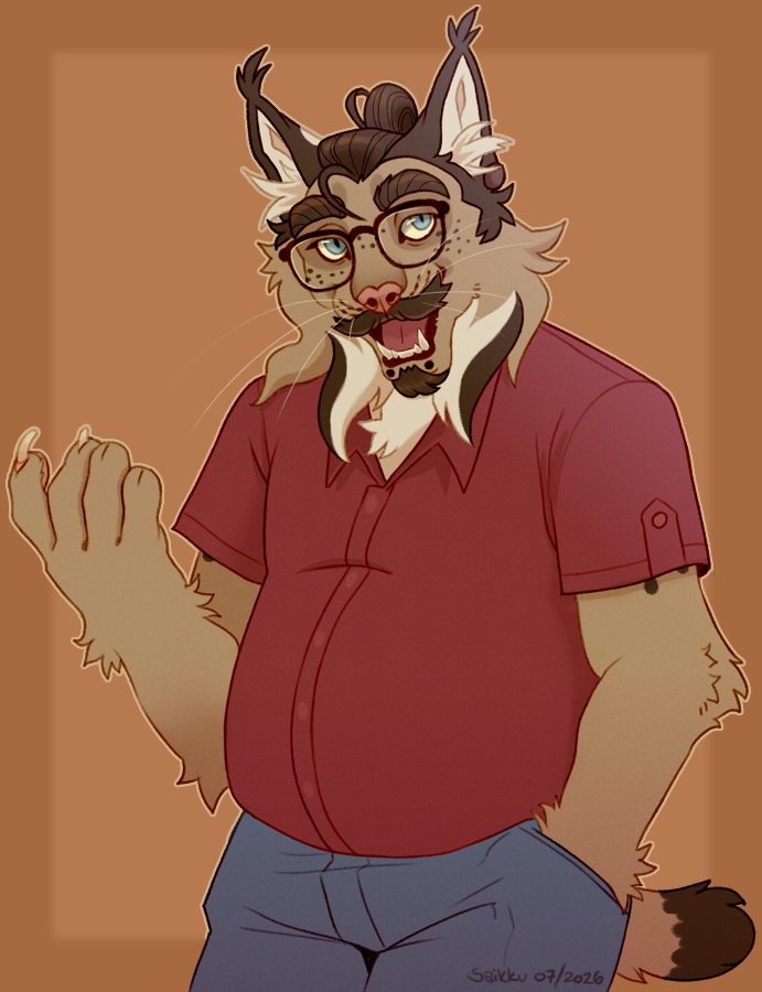 A 3/4 halfbody portrait of a chubby lynx/bobcat man. He has a red, short sleeved collared shirt, jeans and glasses. His left hand is in his pocket and his right hand is on his chest level, palm towards his face. One and a half claws are visible from his hand. He's facing towards the hand but looking up-right and smiling with his mouth open.